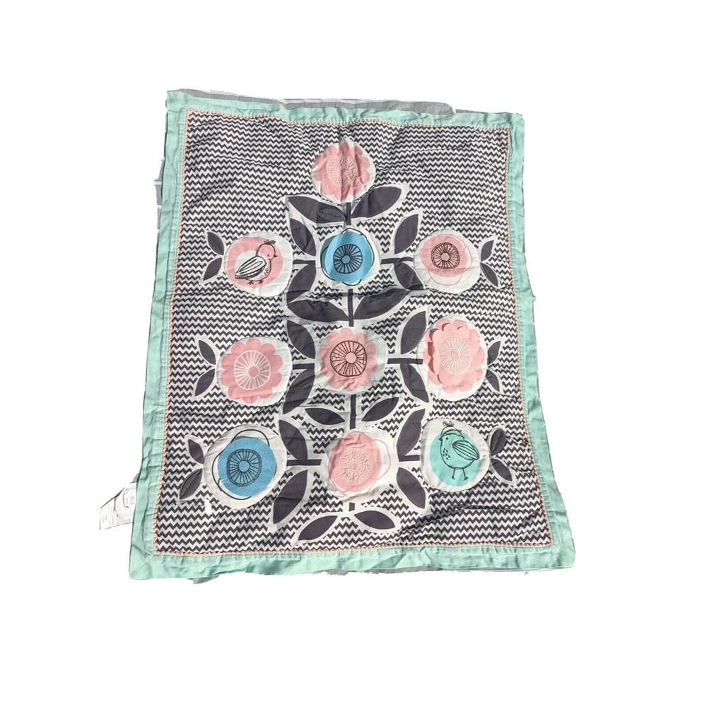 Lolli Flowers Sparrow Baby Crib Quilt  Comforter Mint Green Zig Zag Gray Pastels